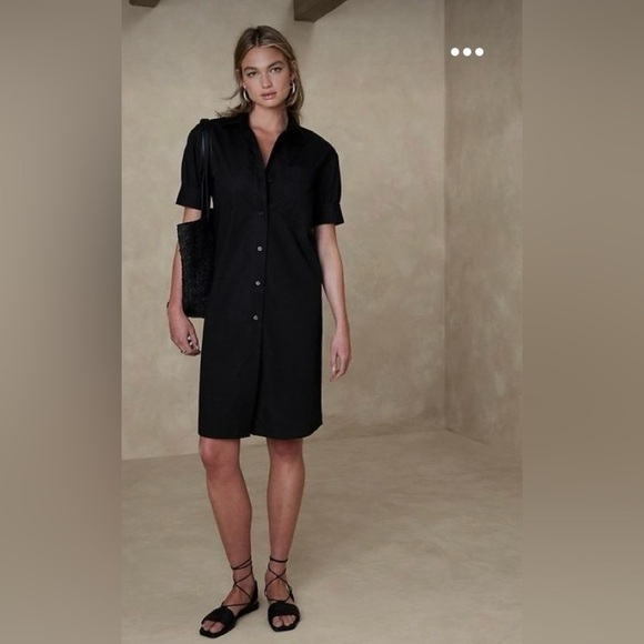 BANANA REPUBLIC Black Poplin Knee Length Collared Shirt Dress Preppy - Picture 1 of 8
